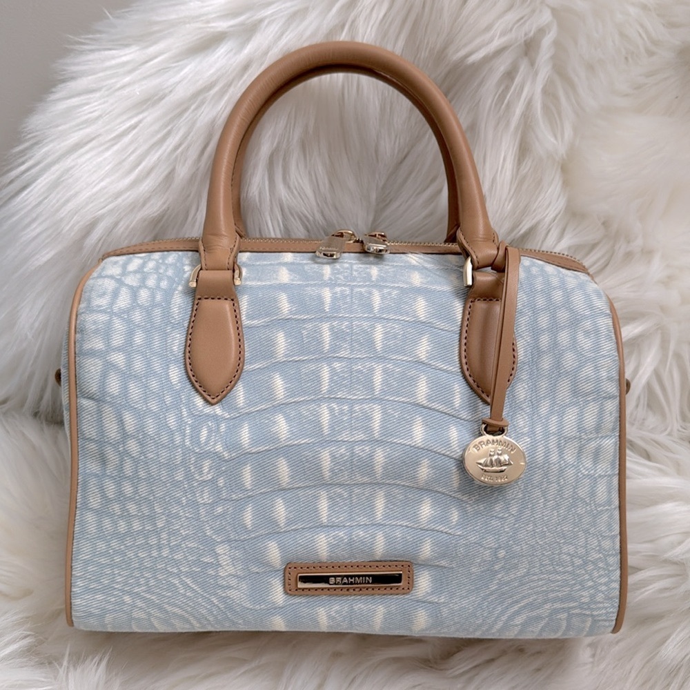 Brahmin Stacy Satchel Bag Croc Embossed Light Denim Quinze Tan Leather Accents